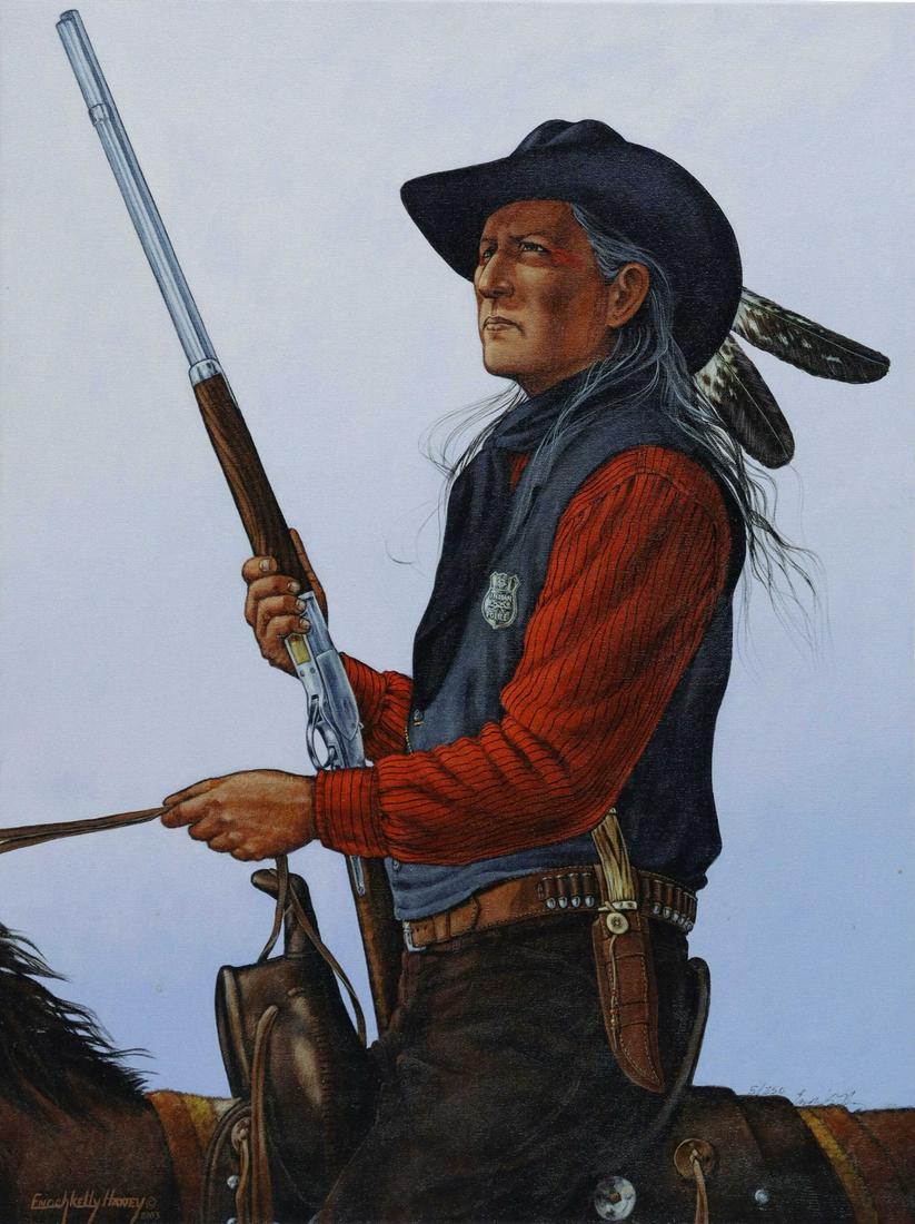 ENOCH KELLY HANEY (B.1940) PRINT ON CANVAS: Unframed giclee on stretched canvas, Indian Police, signed lower right Enoch Kelly Haney (Seminole/ Muscogee, b.1940), numbered 5/ 350, approx 24"h, 18"w, 1.75lbs **Provenance: Liquidation of Koch Gal