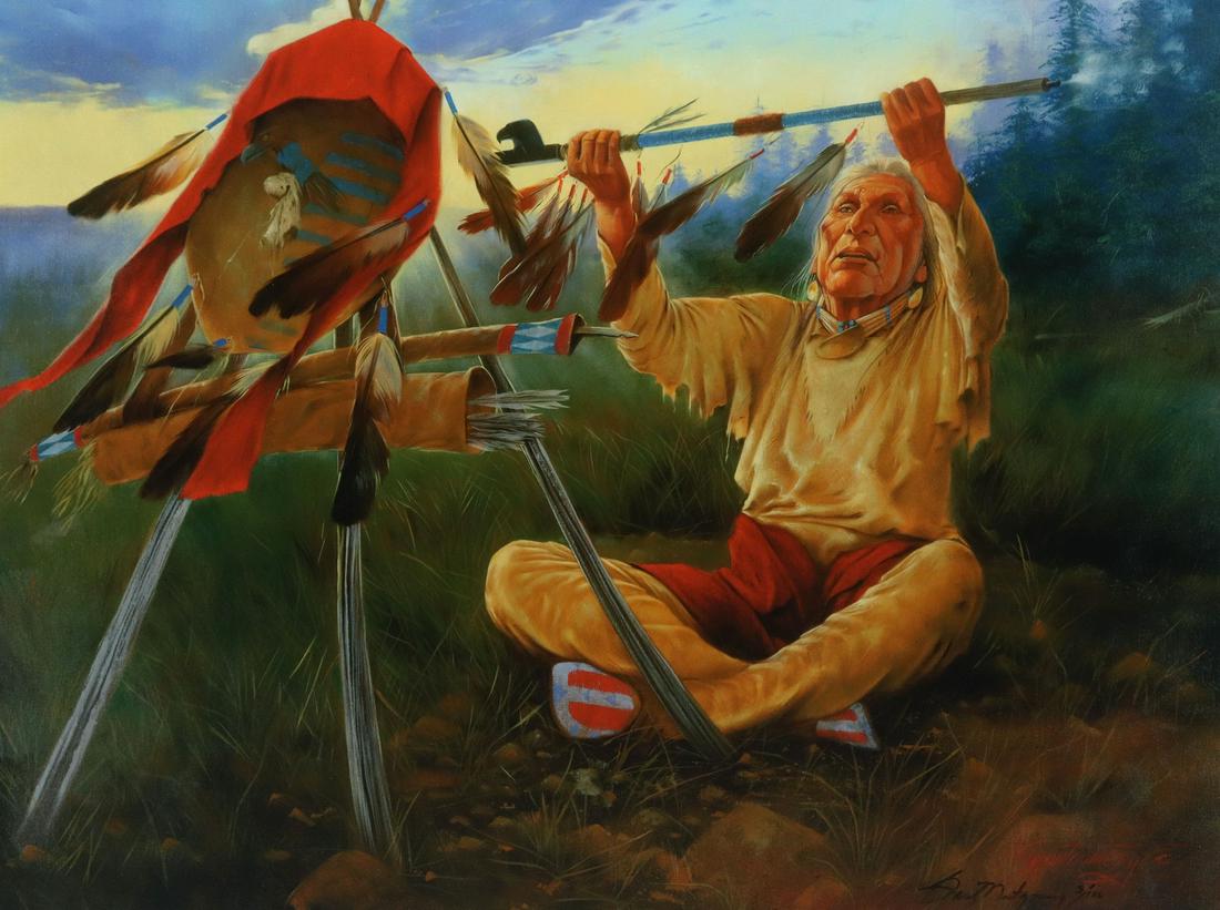 GARY MONTGOMERY (B.1950) TO THE FOUR WINDS GICLEE: Unframed giclee on stretched canvas, "To The Four Winds," signed lower right G. Montgomery (Gary Montgomery, Seminole, Oklahoma, b.1950), numbered 3/ 100, approx 30"h, 40"w, 4lbs **Provenance: Liquida