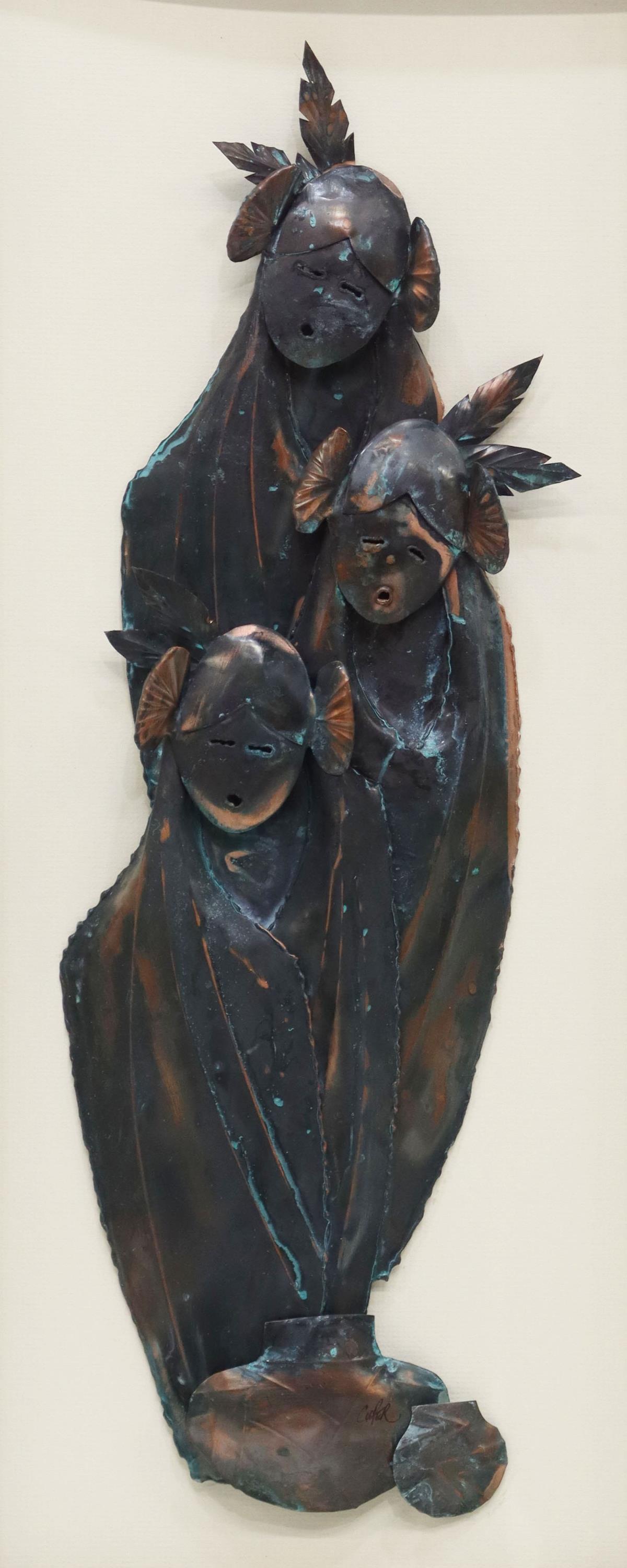 BOB COOPER SANTA FE COPPER SCULPTURE IN SHADOWBOX: Framed copper sculpture, "Chanting," signed lower right Copper (Bob Cooper, Santa Fe, 20th c.), sculpture: approx 20"h, 6"w, shadowbox frame: 30"h, 17"w, 10.5lbs **Provenance: Liquidation of Koch Gall