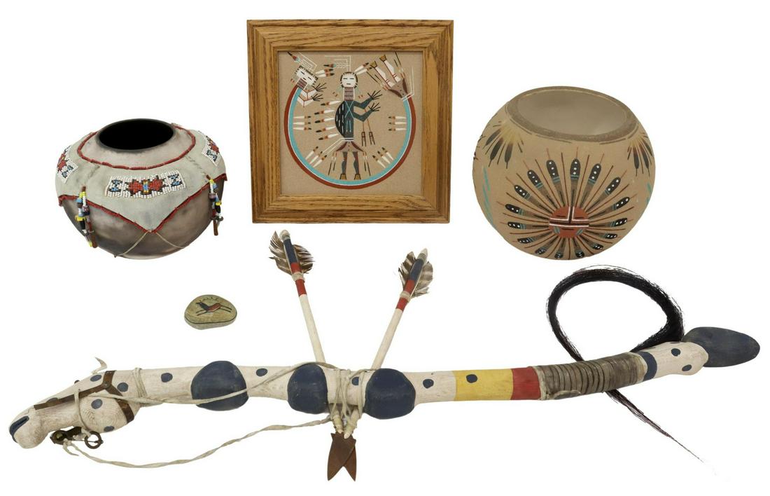 (5) COLLECTION OF SOUTHWEST POTTERY & ART: (lot of 5) Collection of Southwest items, comprising: (1) framed Native American sand painting, "Camel God," signed verso L. Johnson (Lester Johnson, Navajo Nation, Shiprock, New Mexico, 20th c.), ove