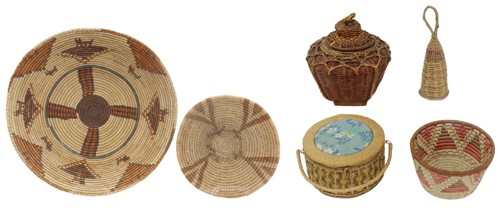 (6) ETHNOGRAPHIC COILED FIBER BASKETS & RATTLE: (lot of 6) Ethnographic coiled fiber baskets, c. last quarter 20th c., comprising: (1) small bowl, with triangle pattern, approx 2.5"h, 8.75"diam; (1) larger flat tray, possibly a Pakistani imitation 
