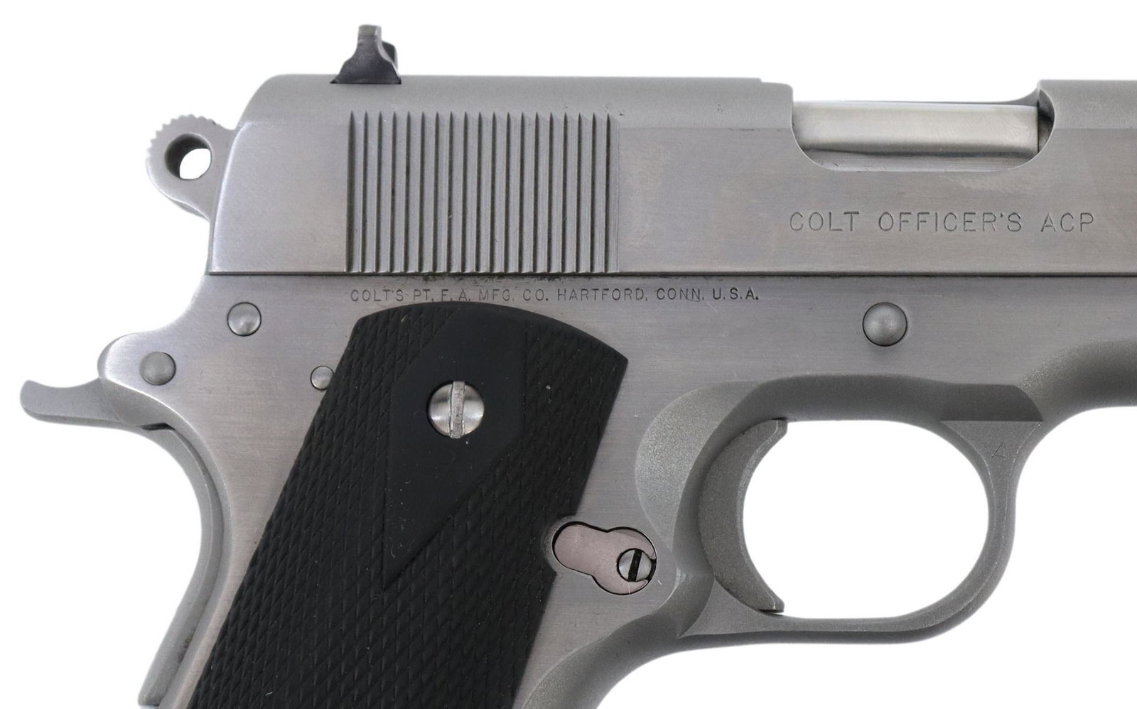 COLT MKIV SERIES 80 OFFICER'S PISTOL, .45ACP: Colt Model MK IV, Series 80 pistol, Colt Officer's, semi-automatic, .45ACP caliber, 3.5" barrel, fixed front and rear black sights, sights, detachable magazine, stainless steel finish, black grips, br