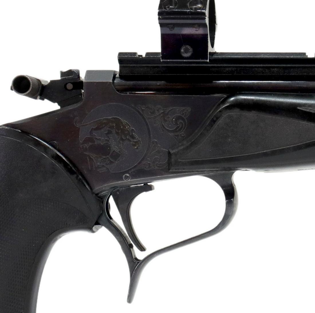 THOMPSON CONTENDER .35REM CALIBER PISTOL: Thompson Center Arms Gen 1 "Super 14" single shot pistol, .35 Rem caliber, 14" barrel with 1.5" muzzle break, mounted scope rail and rings, engraved mountain lion at receivers, black Pachymar grips, S