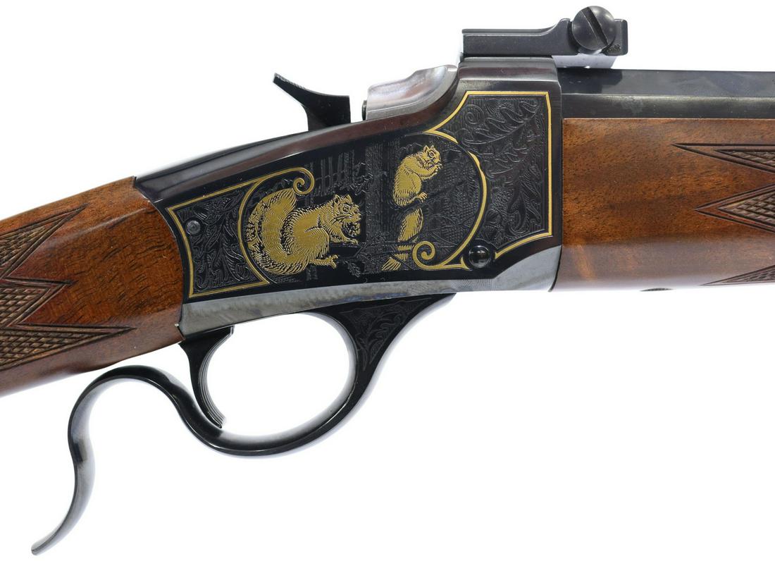 WINCHESTER M1885, .22 HEAVY BARREL RIFLE: Winchester as U.S. Repeating Arms Co., Model 1885, falling block lever action, .22LR caliber, 23.5" heavy part round, part octagonal barrel, fixed front sight, front and rear scope mounts, gilt accent