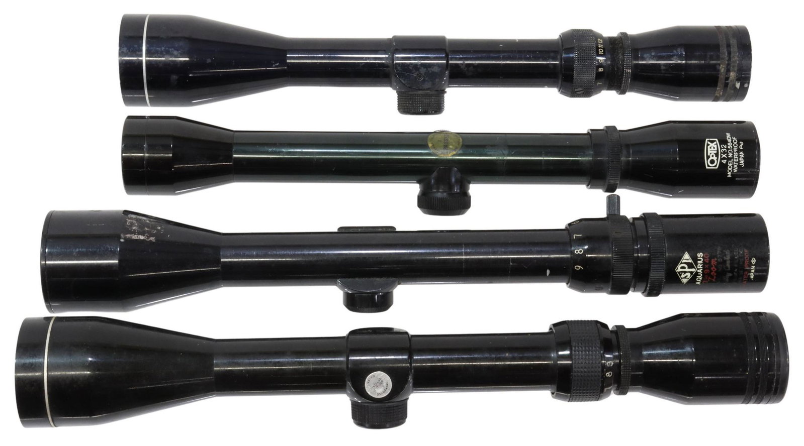 (4) RIFLE SCOPES, SPI, OPTEX: (lot of 4) Rifle scopes: (1) Optex 4X; (1) SPI Aquarius 3x9; (1) no maker mark, 3x12; (1) made in China, 3x9, optics and reticles appear good, longest: 12.75", total weight: 2.85lbs Start Price: $80.0
