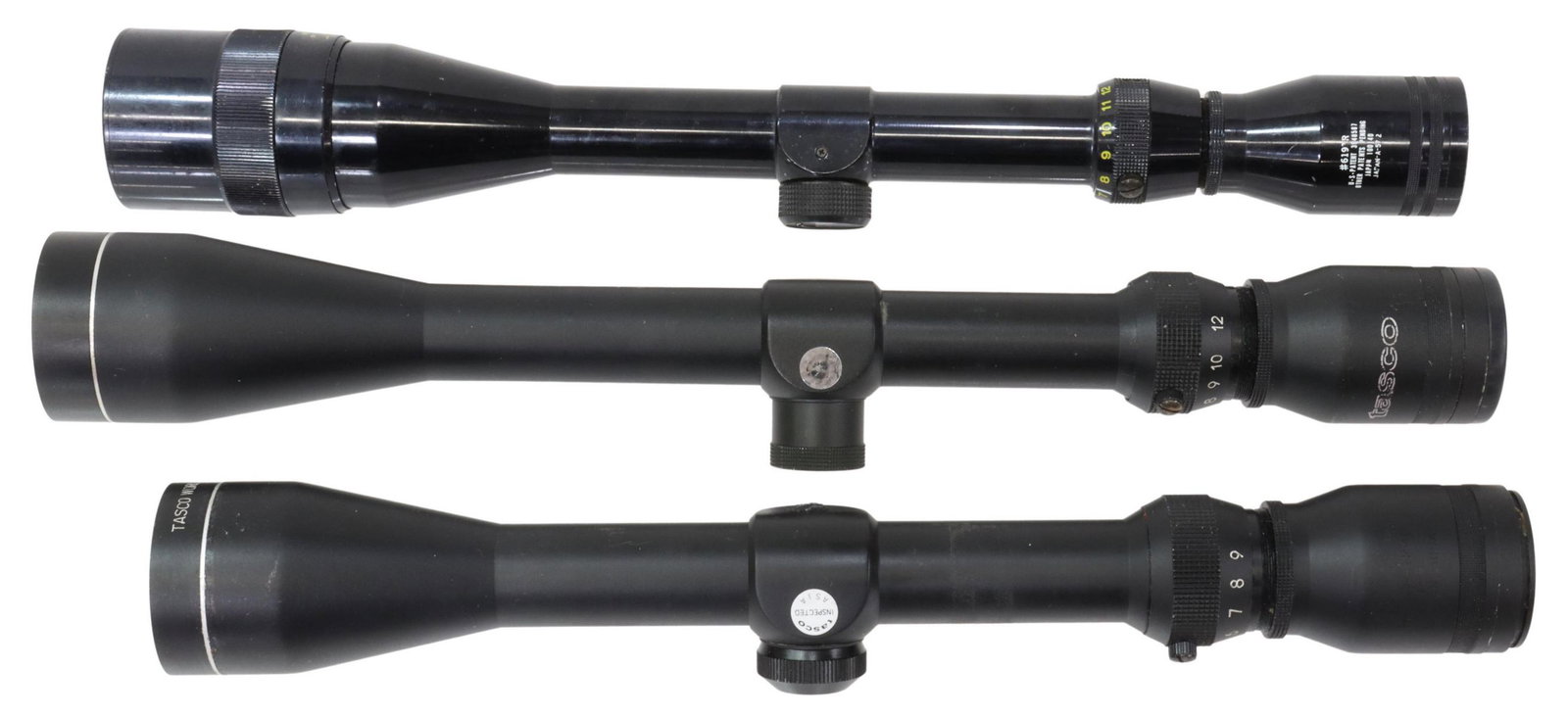 (3) TASCO RIFLE SCOPES: (lot of 3) Tasco rifle scopes, (1) 4-12x40; (1) 4x12; (1) 3-9x40, optics and reticles seem to be good, longest: 14.5"l, total: 2.8lbs Start Price: $60.00