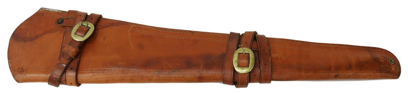J.C. STEWART LEATHER RIFLE SCABBARD, SHOW LOW, AZ.: J.C. Stewart, Show Low, Arizona, leather rifle scabbard, two attached saddle tie down belts with buckles, border tooling, some stains, 29.5"l, 6.5"w at mouth, 1.5lbs Start Price: $80.00