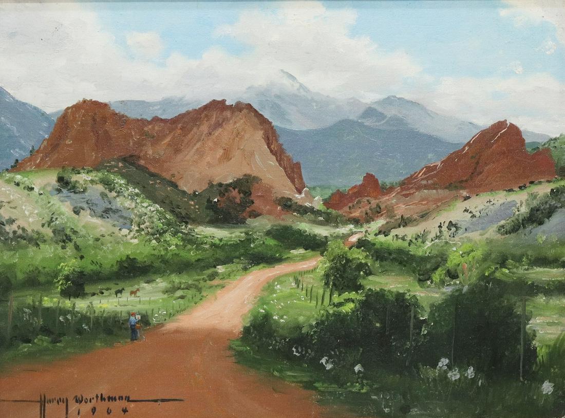 HENRY WORTHMAN (N.Y., TEXAS, 1909-1989), O/C: Framed oil on canvas mounted to Masonite, Garden of the Gods, signed lower left Harry Worthman (New York, Texas, 1909-1989), dated 1964, view of Pikes Peak through Garden of the Gods, Colorado Springs