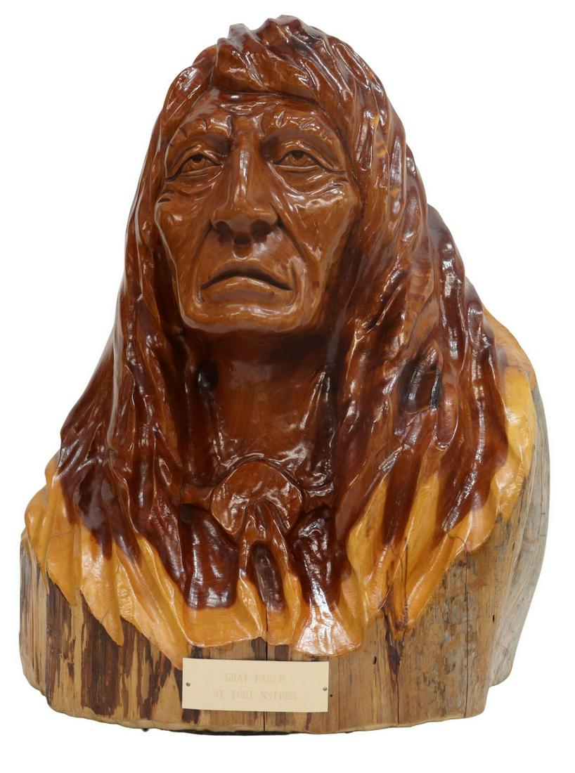 C.E. SNIDER NATIVE AMERICAN CARVED WOOD BUST, 16"H (1 of 7)