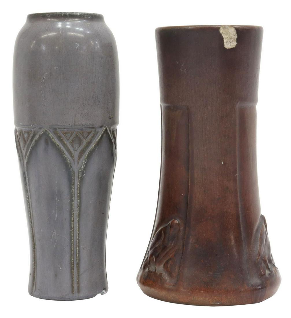 (2) ARTS & CRAFTS ROOKWOOD POTTERY VASES: (lot of 2) American Arts and Crafts pottery vases, Rookwood Pottery Company, including: (1) rook vase, c.1912, shape number 1358 D, matte brown glaze, chip to rim, approx 9.25"h, 5"diam, (1) geometric
