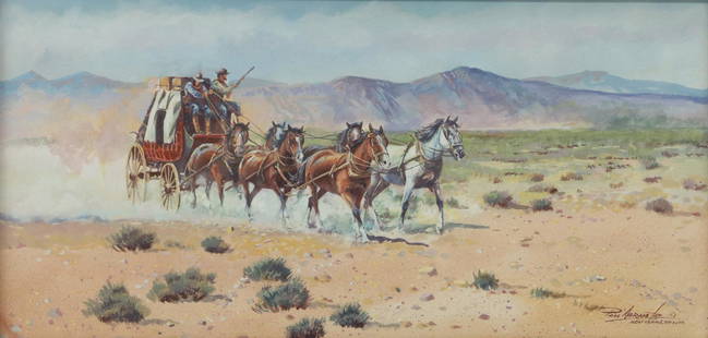 PAUL ABRAM JR. (1933-2005) STAGECOACH WATERCOLOR: Framed watercolor and gouache painting on paper, The Stagecoach, signed lower right Paul Abram, Jr. (American, 1933-2005), Scotsdale, Arizona, Moran Fine Art Gallery label verso, sight: 7.75"h, 15.5"w