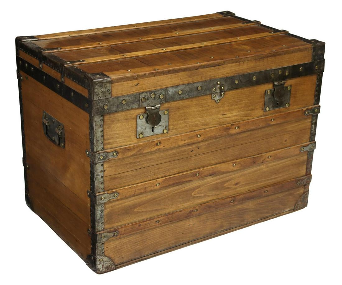 FRENCH SLATTED & IRON BOUND TRAVEL TRUNK (1 of 5)