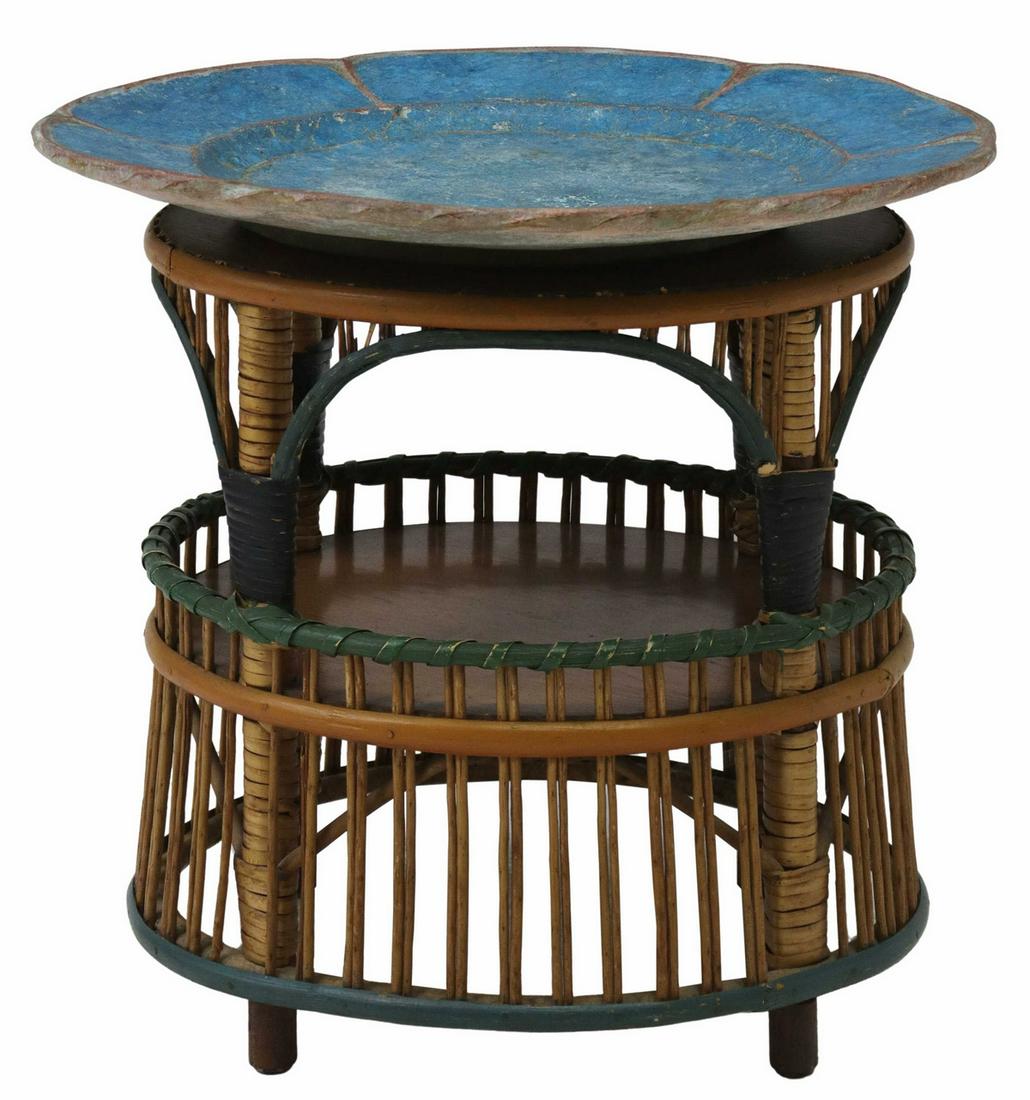 ART POTTERY LOBED CHARGER & RATTAN SIDE TABLE (1 of 5)