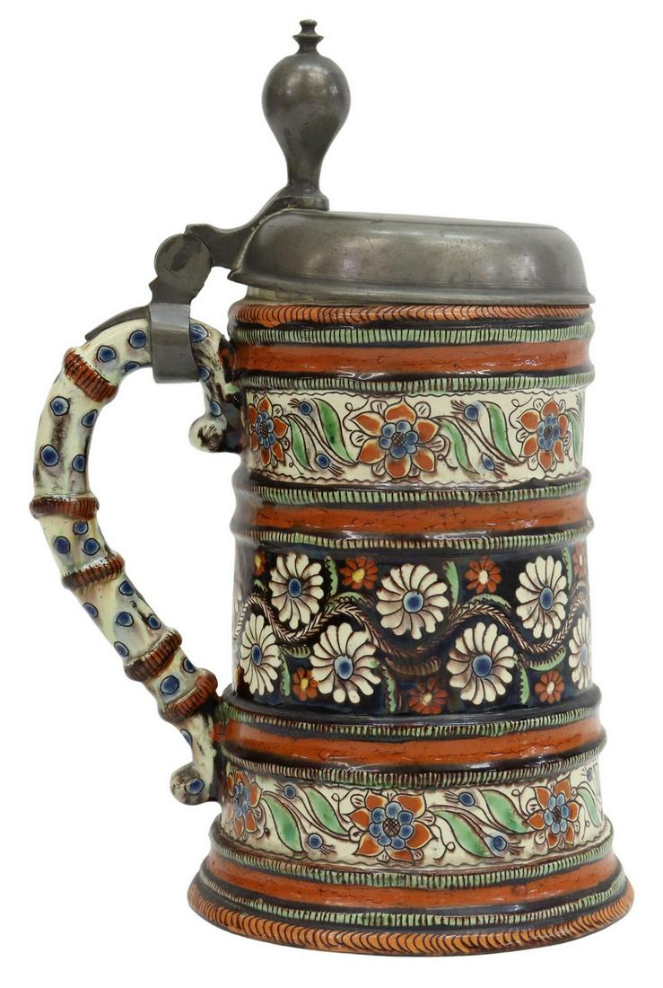 CONTINENTAL GLAZED HINGED LID TANKARD, 19THC. (1 of 5)