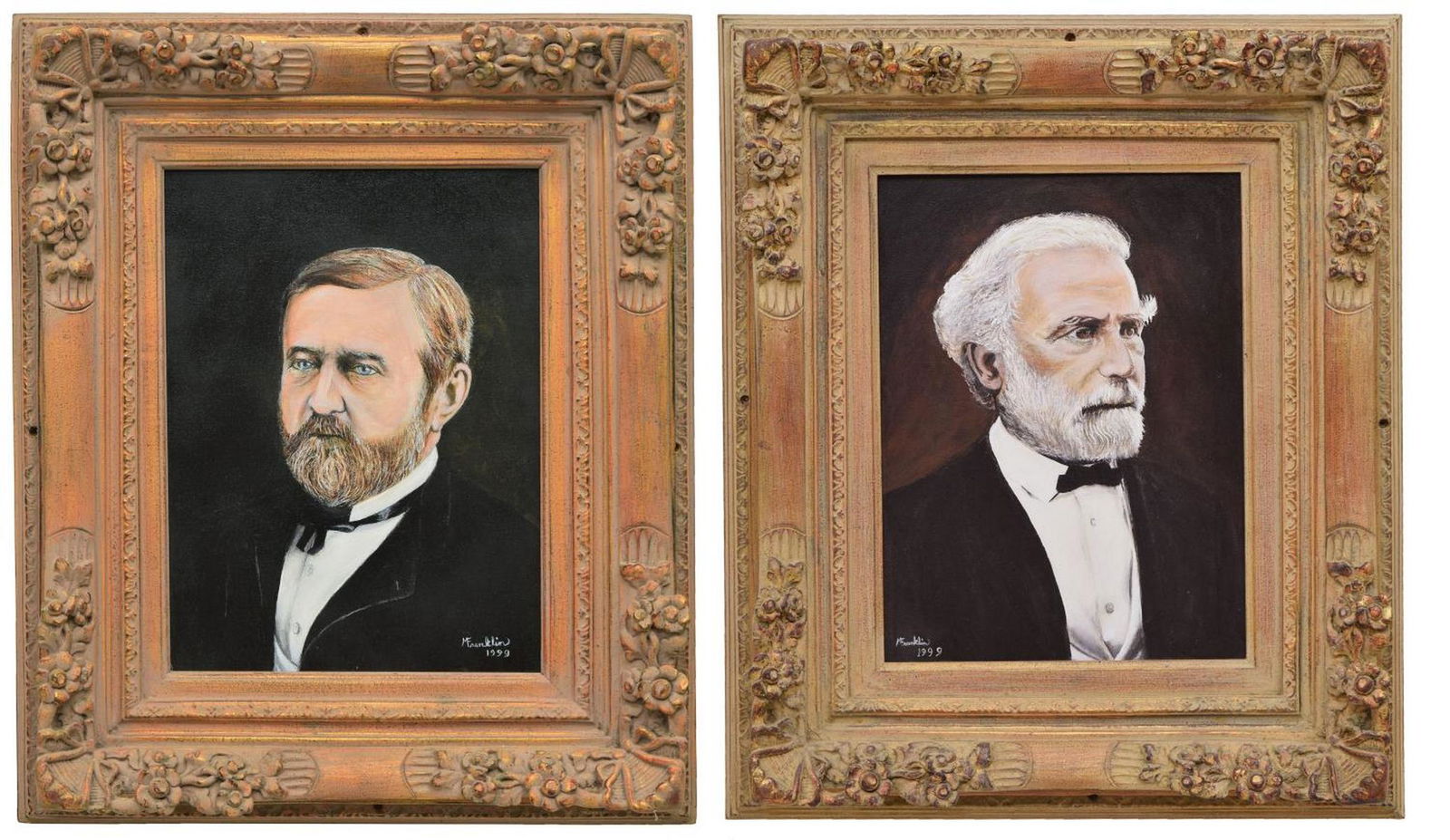 FRAMED PAINTINGS, ROBERT E. LEE, ULYSSES S. GRANT: Framed oil paintings on canvas, both signed M. Franklin, dated 1999 (Mary Franklin, Texas, 20th/ 21st c.), including: (1) Robert E. Lee based on the c. 1870 photo by Mitchell Miley (Virginia, 1841-191