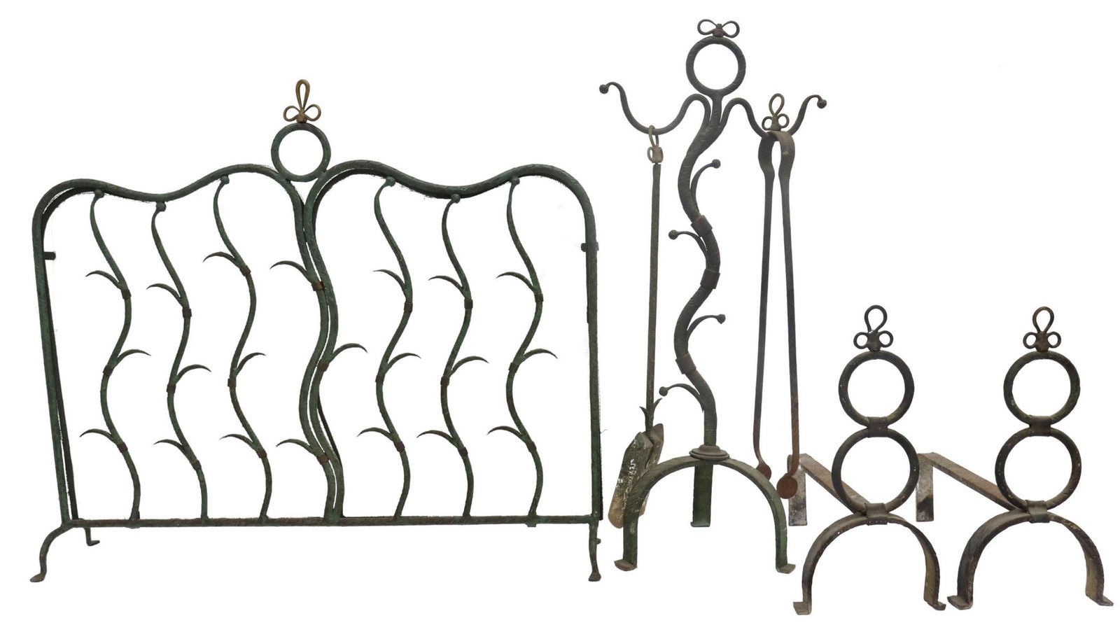(6) FRENCH IRON FIREPLACE SCREEN, CHENETS, TOOLS (1 of 4)