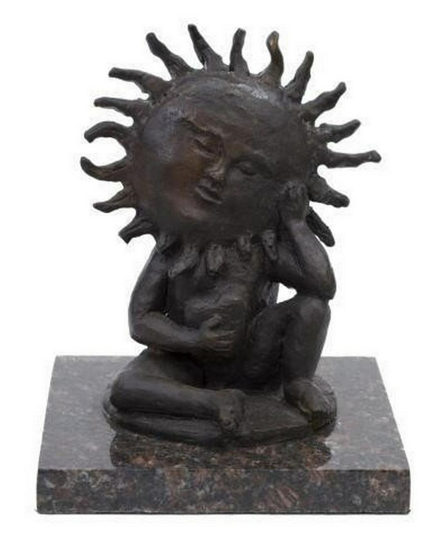 SERGIO BUSTAMANTE (MEXICO, B.1942) BRONZE SUN FACE: Patinated bronze sculpture, Seated Sunface Figure with Heart, signed on base S. Bustamante (Sergio Bustamante, Mexican, b.1942), numbered 40/ 100, on a marble base, approx 8.5"h, 7"w, 7"d, 8lbs Start 