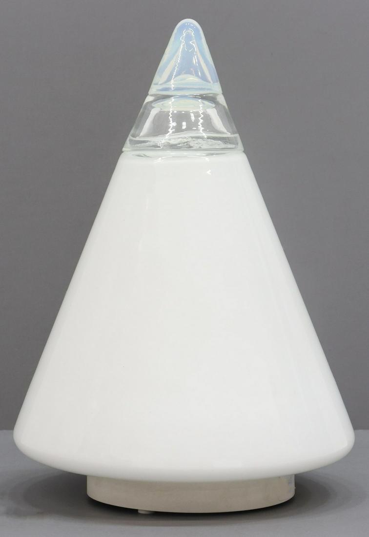 ITALIAN MODERN LEUCOS 'RIO' MURANO GLASS LAMP: Italian modern "Rio" lamp, designed by Giusto Toso (Italian, b.1939) for Leucos, c.1970s-1980s, pyramid-shaped white and opaline glass shade, concealing a single light, in need of wiring, approx 11.5"