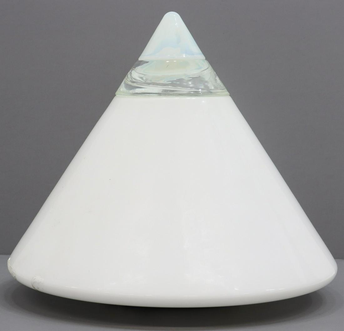 ITALIAN MODERN LEUCOS 'RIO' MURANO GLASS LAMP: Italian modern "Rio" lamp, designed by Giusto Toso (Italian, b.1939) for Leucos, c.1970s-1980s, pyramid-shaped white and opaline glass shade, concealing a single light, in need of wiring, approx 12.5"