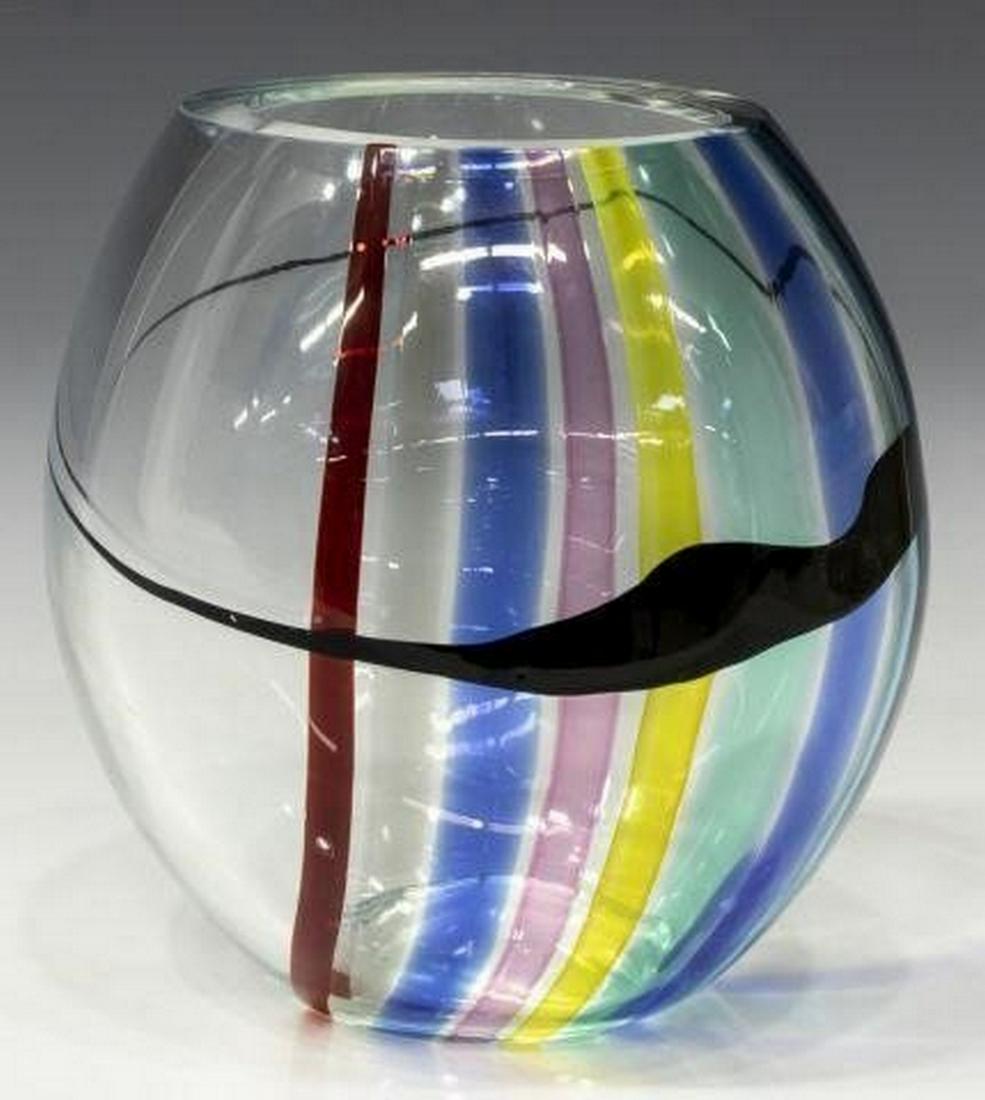 LIVIO SEGUSO A.V. MURANO MODERN ART GLASS VASE: Italian Murano art glass vase, Livio Seguso (Italian, b.1930), Seguso Arte Vetri for Oggetti Murano, clear ovoid body with vertical polychrome design, signed underfoot, approx 8.75"h, 8.25"w, 7.5"d, 7
