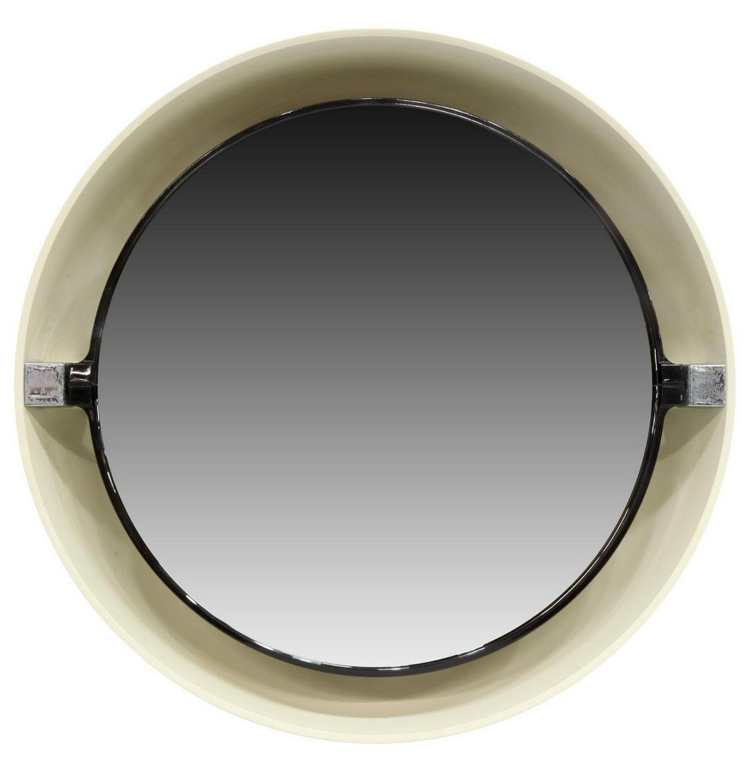 ALLIBERT MID-CENTURY MODERN LIGHTED MIRROR: Mid-century modern wall mirror, Allibert, c.1970s, white plastic frame concealing four lights, smoked acrylic framing the flat mirror plate, in need of wiring, approx 4.75"w, 24.5"diam Start Price: $1