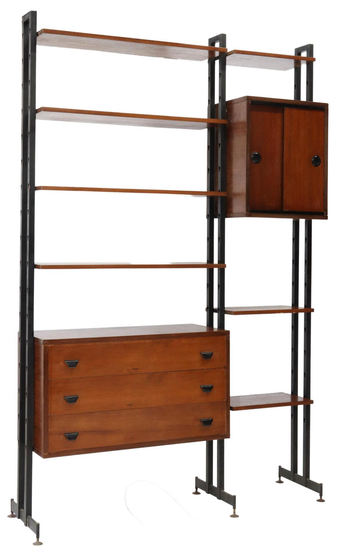 ITALIAN MID-CENTURY MODERN TEAK MODULAR WALL UNIT: Italian mid-century modern teak modular bookcase, c.1960s, black steel supports, narrow cabinet with dual sliding doors, stack of three drawers, seven open shelves, on leveling feet, approx 79.25"h, 5