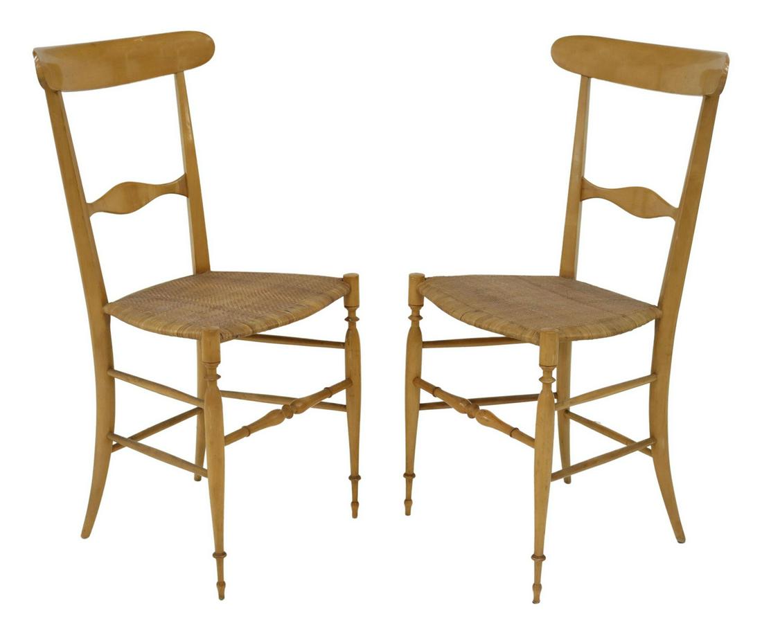 (2) ITALIAN CHIAVARI CARVED & CANED SIDE CHAIRS: (pair) Italian Chiavari chairs, Botti & Gandolfo, 20th c., having hardwood frames, with curved back, carved splat, over woven cane seat, rising on turned and tapered legs, joined by stretchers, retain