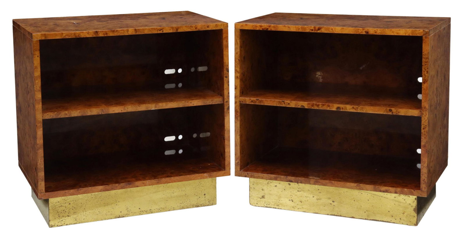 (2) PIERRE CARDIN (ATTRIB.) BURLWOOD SIDE TABLES: (pair) French mid-century modern side tables, attributed to Pierre Cardin (1922-2020), c.1970s-1980s, amboyna burlwood case, fitted with a single shelf, rising on a brass-clad plinth, finished on all 