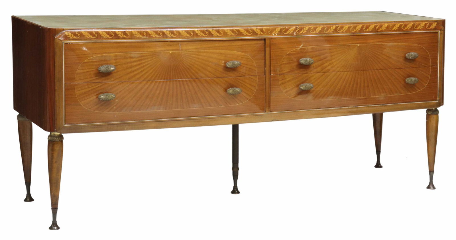 ITALIAN MID-CENTURY MODERN MAHOGANY DRESSER: Italian mid-century modern mahogany chest of drawers, in the manner of Paolo Buffa (Italian, 1903-1970), c.1950s, inset glass top, marquetry frieze with scrolled foliage, four drawers in radiating mat