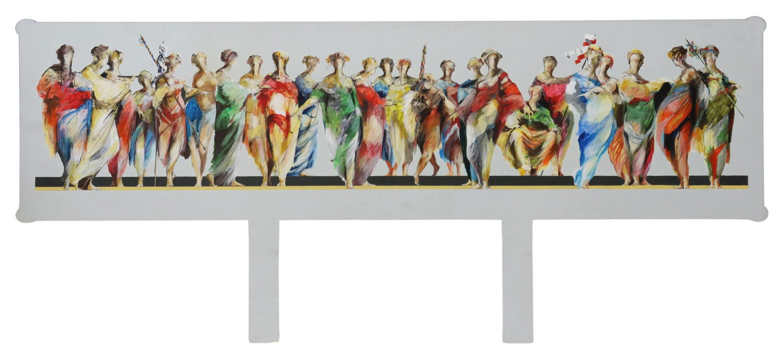 PAUL CONTE (B.1947) FIGURAL PAINTED HEADBOARD: French paint decorated wood headboard, signed Paul Conte (French, b.1947), rectangular with rounded corners, decorated with polychrome frieze depicting Classical style female figures, fitted with two
