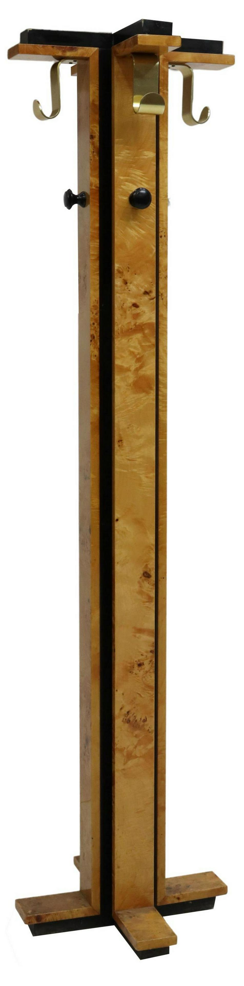 FRENCH MID-CENTURY MODERN BURLWOOD HALL TREE: French mid-century modern hall tree, c.1970s, having birdseye maple and ebonized finish with brass and wood coat hooks, rising on quadripartite supports, approx 71"h, 17.5"w, 17.5"d Start Price: $100.