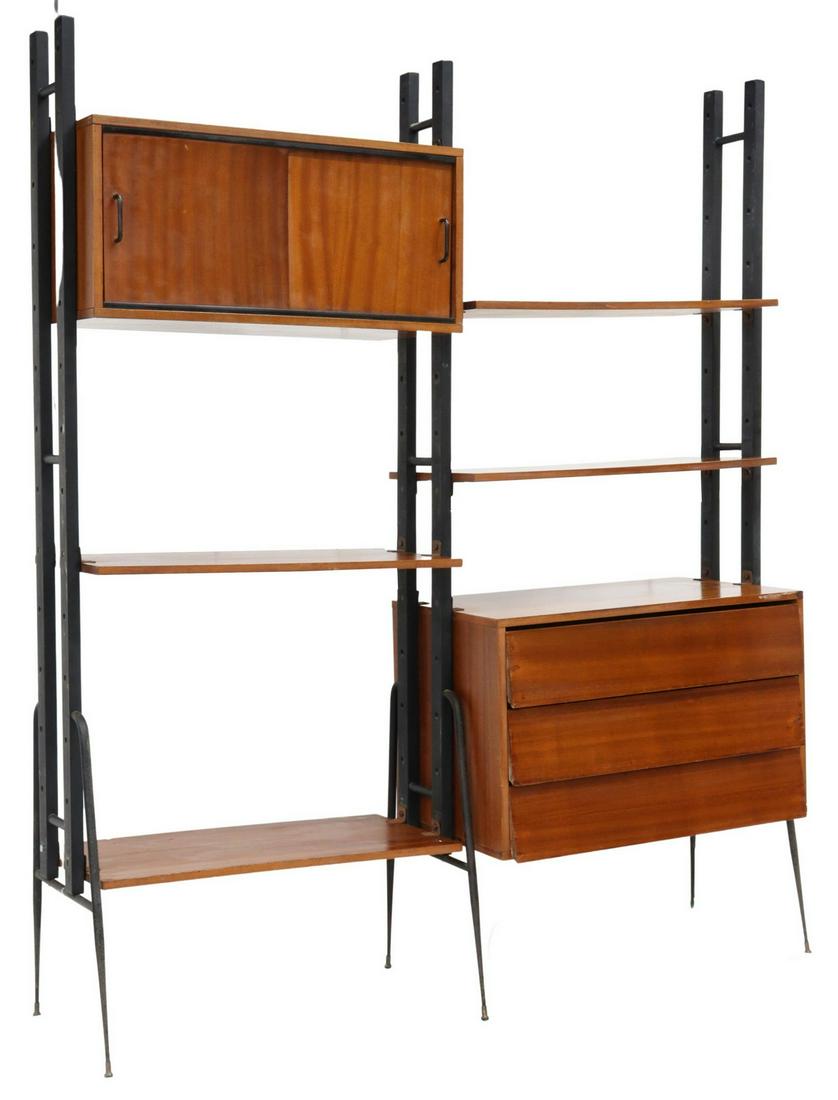 ITALIAN MID-CENTURY MODERN TEAK MODULAR WALL UNIT: Italian mid-century modern teak modular bookcase, c.1960s, ebonized wood supports, cabinet with dual sliding doors, stack of three drawers, four open shelves, on tapered iron legs, approx 65.5"h, 55"w