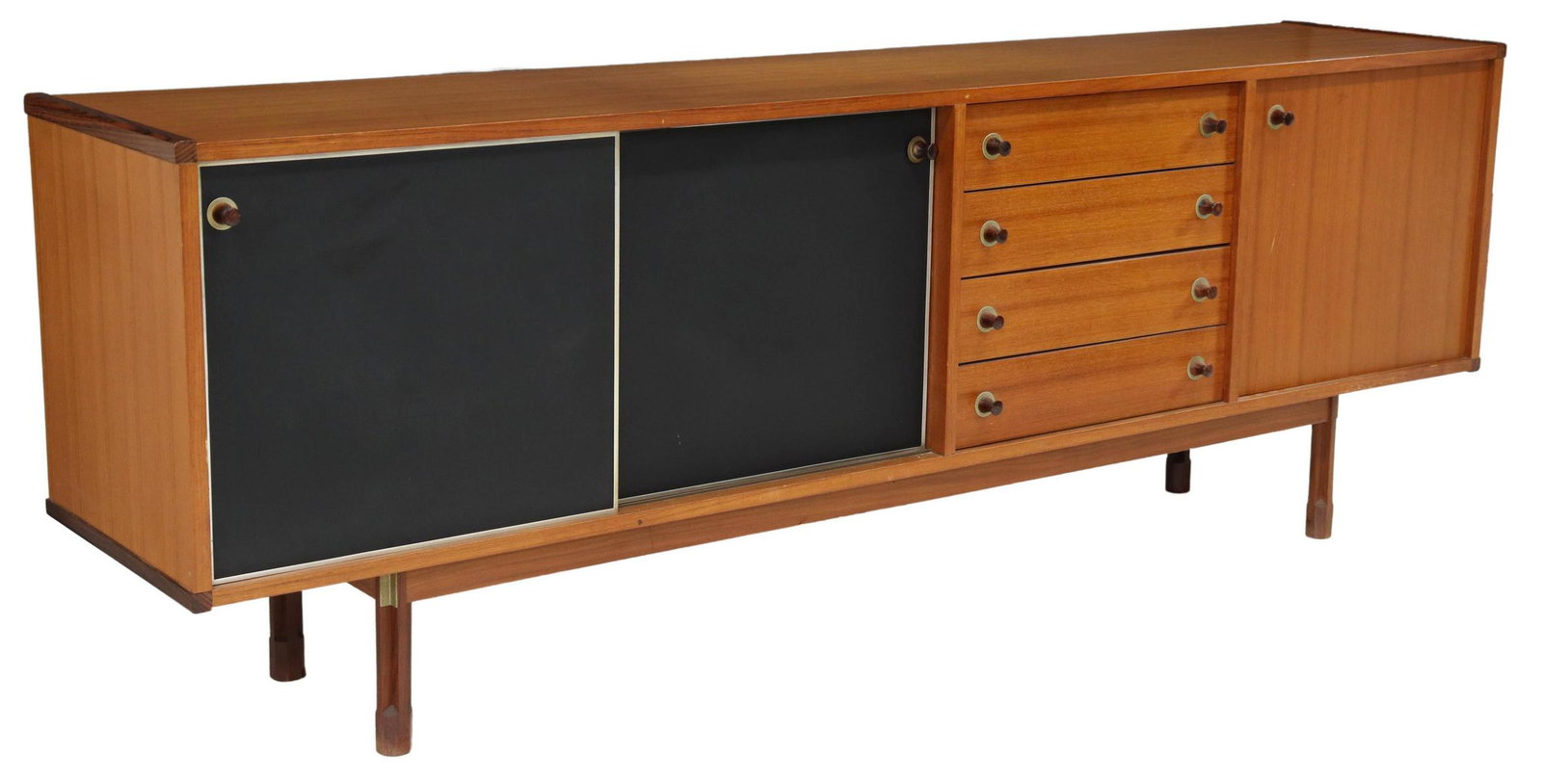 ITALIAN MID-CENTURY MODERN TEAK CREDENZA: Italian mid-century modern teak credenza/ sideboard, c.1960s, having three doors, including two black front sliding doors, four drawers, the upper drawer fitted for flatware, approx 30.25"h, 85.5"l, 1