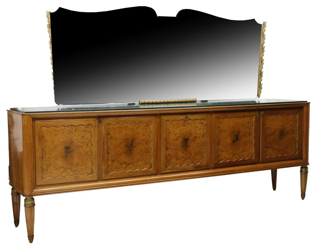 ITALIAN PAOLO BUFFA (ATTRIB) MID-CENTURY SIDEBOARD: Italian mid-century modern mahogany sideboard, attributed to Paolo Buffa (Italian, 1903-1970), c.1940s-1950s, shaped mirror plate, over inset marble top, center drop-front cabinet, flanked by double-d