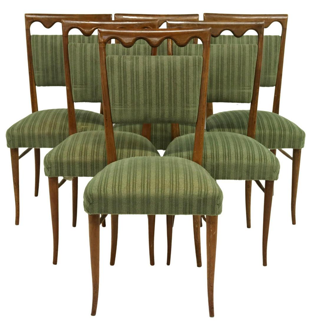 (6) ITALIAN BUFFA STYLE MID-CENTURY MODERN CHAIRS: (lot of 6) Italian mid-century modern side chairs, in the manner of Paolo Buffa (Italian, 1903-1970), c.1950s, having carved fruitwood frames, with scalloped crest rail, shaped stiles, padded back and