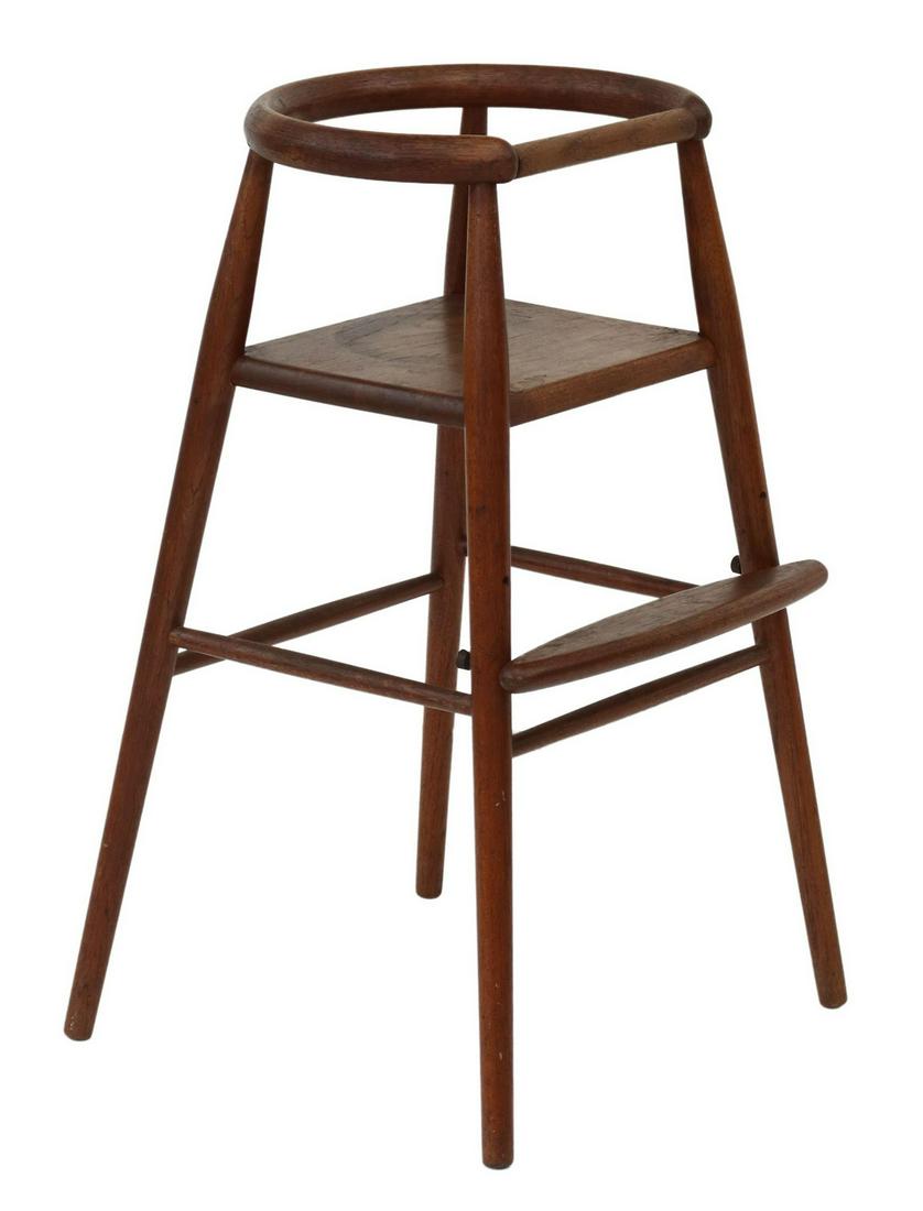 NANNA DITZEL DANISH MID-CENTURY CHILD'S HIGHCHAIR: Danish mid-century modern bentwood child's highchair, attributed to Nanna Ditzel (Danish, 1923-2005), model no. 115, c.1960s, teak frame, adjustable-height footrest, rising on stretcher-joined legs, a