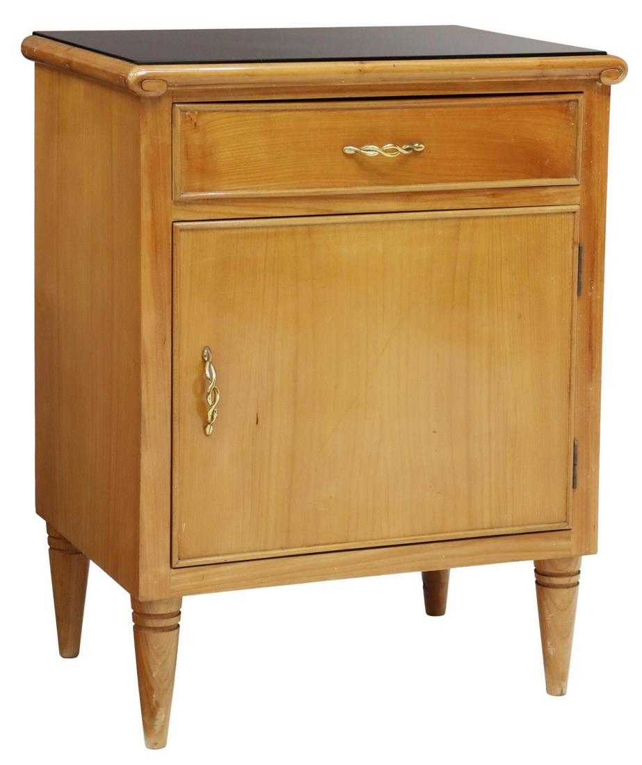 ITALIAN MID-CENTURY MODERN GLASS-TOP NIGHTSTAND: Italian mid-century modern bedside cabinet, c.1950s, inset black glass top, single drawer over cabinet door, rising on tapered legs, approx 25.75"h, 20"w, 14.25"d Start Price: $60.00