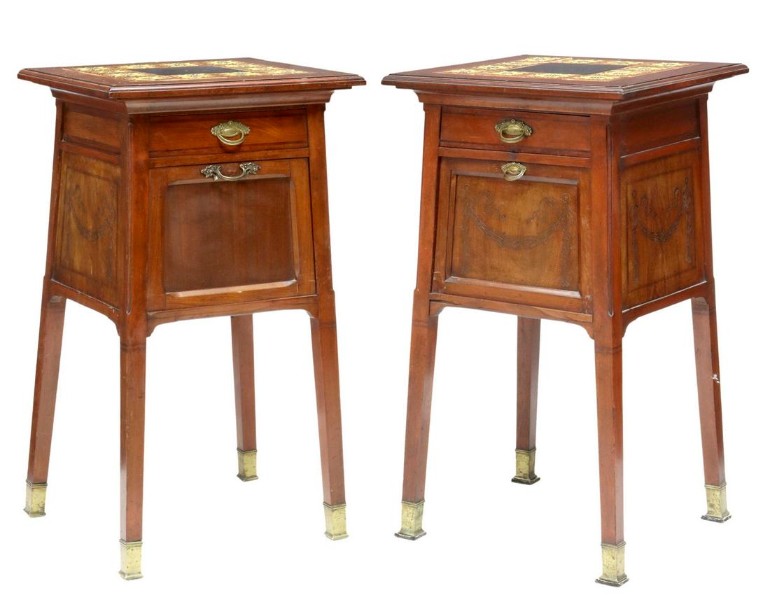 (2) ITALIAN ART NOUVEAU TILE-TOP BEDSIDE CABINETS: (pair) Italian Art Nouveau mahogany bedside cabinets, early 20th c., having inset tile top, over case fitted with single drawer, over fall-front cabinet door, decorated with incised foliate garland mo