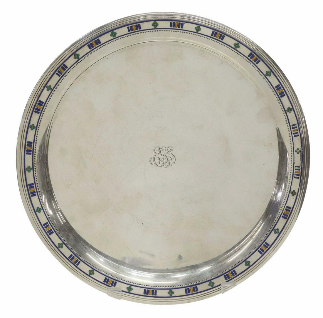 TIFFANY & CO. STERLING & ENAMEL SERVING PLATE TRAY: American sterling silver serving plate/ tray, Tiffany & Company Makers, c.1907-1947, directorship of John C. Moore II, circular plate with polychrome enamel border, rising on a short foot, model 18670