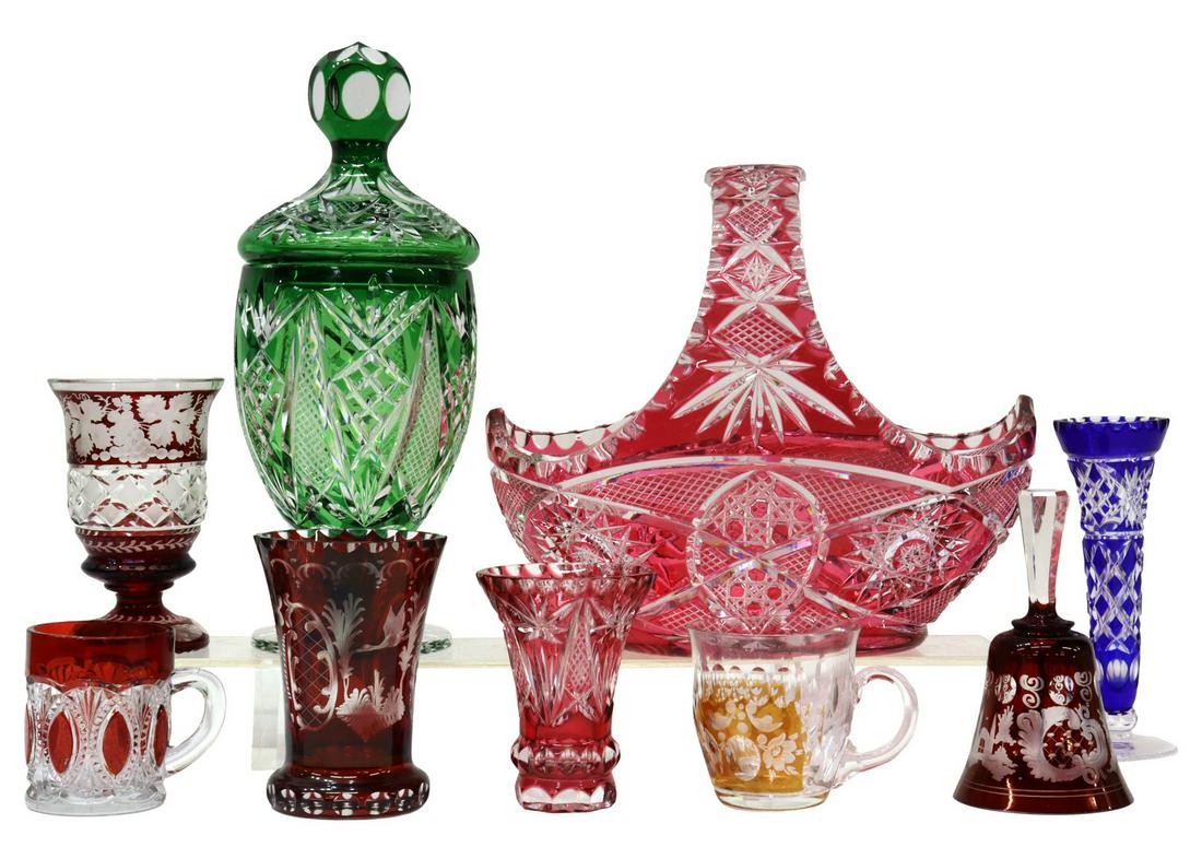 (9) BOHEMIAN CUT-TO-CLEAR CRYSTAL TABLEWARE: (lot of 9) Bohemian cut-to-clear crystal tableware, highlights include: (1) ruby-cut-to-clear beaker, with stag and duck, approx 4.75"h, 3 3/8"diam, (1) ruby-cut-to-clear goblet, grapevine and crossha