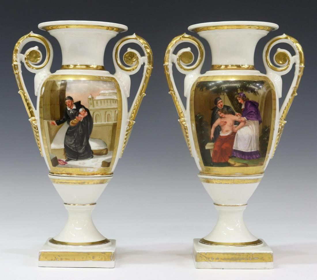 (2) OLD PARIS PORCELAIN NARRATIVE URN-FORM VASES: (lot of 2) Old Paris porcelain urn-form vases, 19th c., parcel gilt, with scrolled handles, painted reserves with narrative scenes, including clergymen tending to an injured woman, holding an infant i