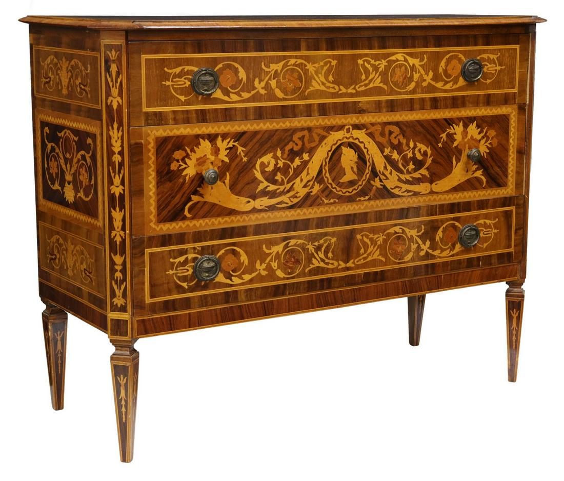 ITALIAN MAGGIOLINI STYLE MARQUETRY COMMODE: Italian Neoclassical style commode, in the manner of Giuseppe Maggiolini (Italian, 1738-1814), 20th c., having rectangular marquetry case, fitted with three drawers, rising on square tapered legs, app