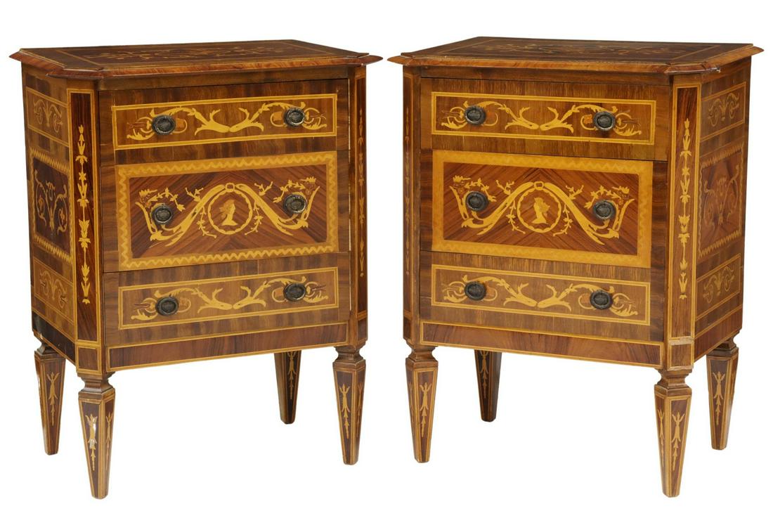 (2) ITALIAN MAGGIOLINI STYLE MARQUETRY NIGHTSTANDS: (pair) Italian Neoclassical style nightstands, in the manner of Giuseppe Maggiolini (Italian, 1738-1814), 20th c., rectangular case with projecting canted corners, accented with marquetry eagle, Class