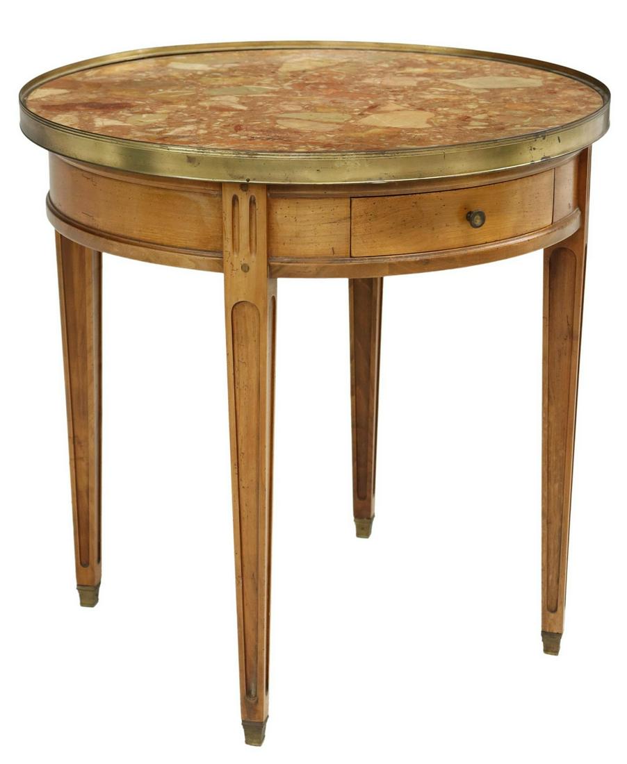 FRENCH LOUIS XVI STYLE MARBLE-TOP BOUILLOTTE TABLE: French Louis XVI style bouillotte table, 20th c., a circular brass ring enclosing the marble top, over a single drawer, rising on tapered square legs, approx 26"h, 26"diam Start Price: $200.00