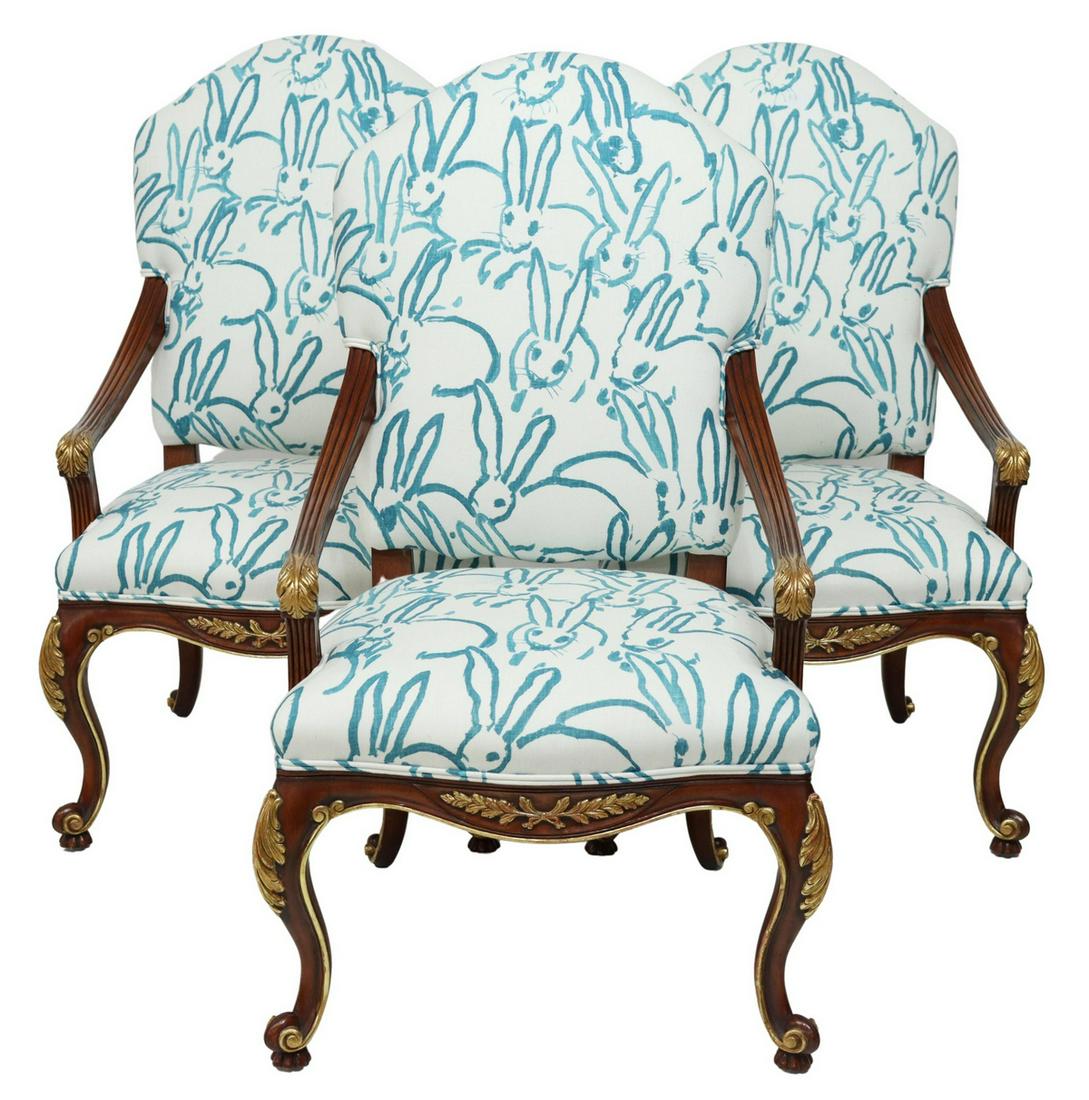 (3) LOUIS XV STYLE HUNT SLONEM UPHOLSTERED CHAIRS: (lot of 3) Louis XV style armchairs, 20th c., custom upholstered in Groundwork's Hutch Print linen fabric designed by Hunt Slonem (American, b.1951), turquoise rabbit pattern on white ground, carved p
