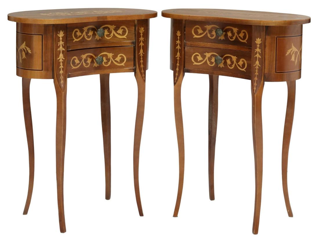 (2) ITALIAN MARQUETRY KIDNEY-SHAPED SIDE TABLES: (pair) Italian bedside tables/ stands, 20th c., kidney-shaped case, with contrasting marquetry, two drawers, rising on slim cabriole legs, approx 25.75"h, 19.75"w, 12"d Start Price: $200.00