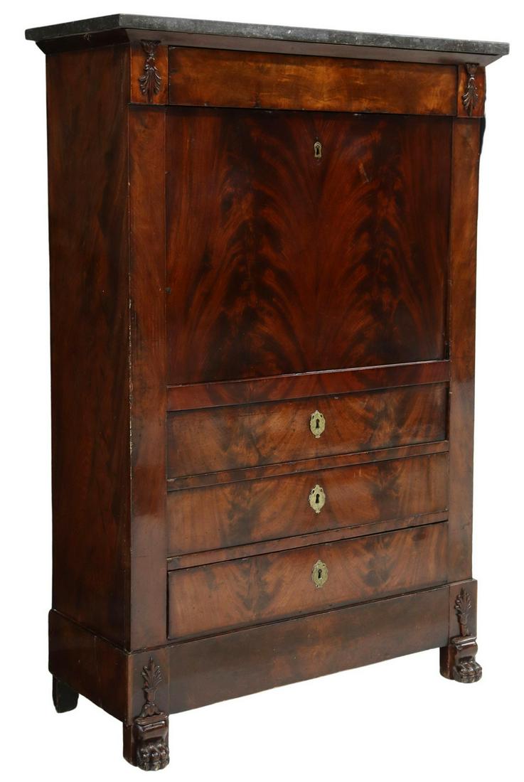 FRENCH EMPIRE FLAME MAHOGANY SECRETAIRE A ABATTANT: French Empire marble-top mahogany fall front desk, mid 19th c., projecting frieze drawer, flanked by carved palmettes, fall front opening to inset leather writing surface, interior gallery with arcade