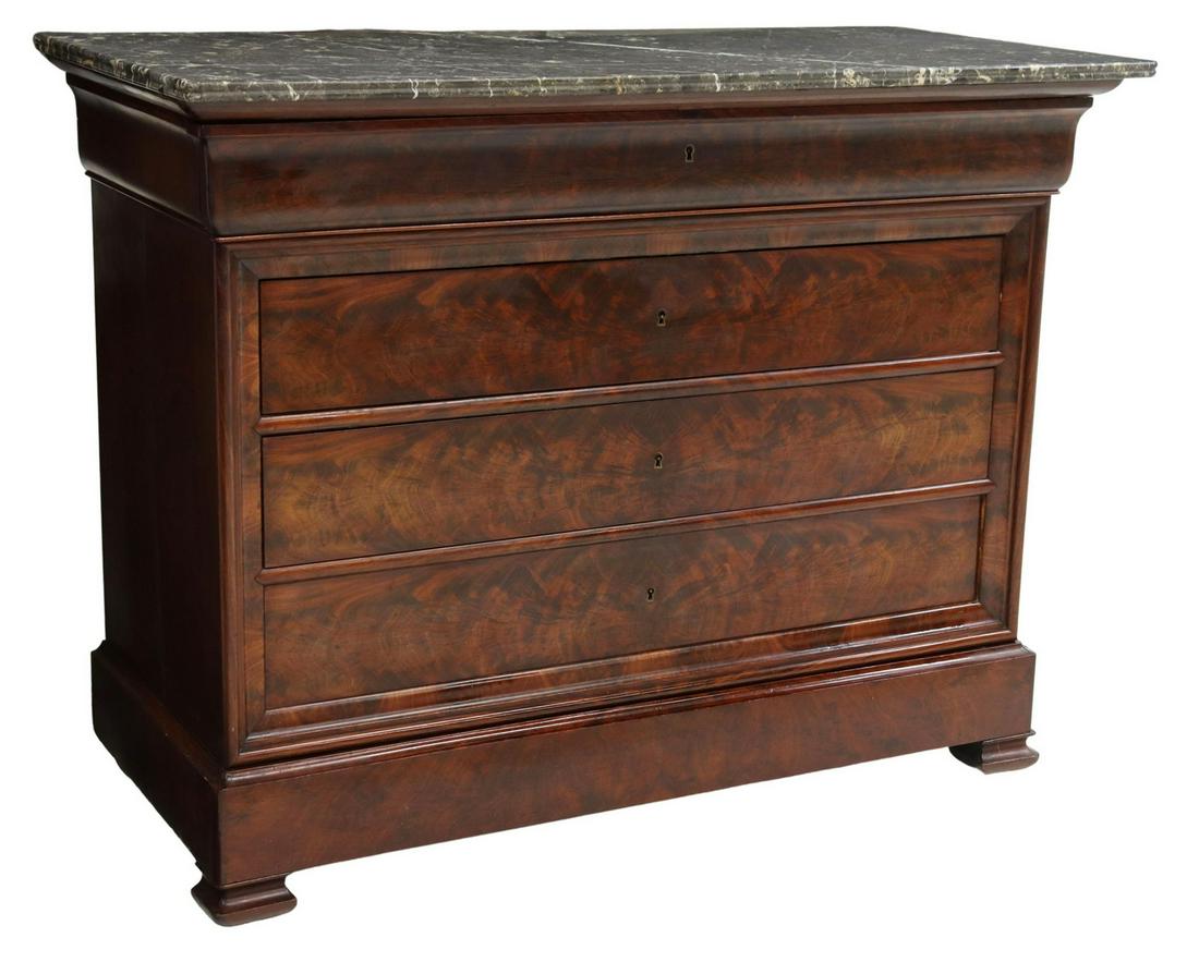 FRENCH LOUIS PHILIPPE MARBLE-TOP MAHOGANY COMMODE: French Louis Philippe period marble-top mahogany commode, mid 19th c., ogee frieze drawer with divided interior, over four additional drawers, lowest drawer concealed in base molding, rising on bracke