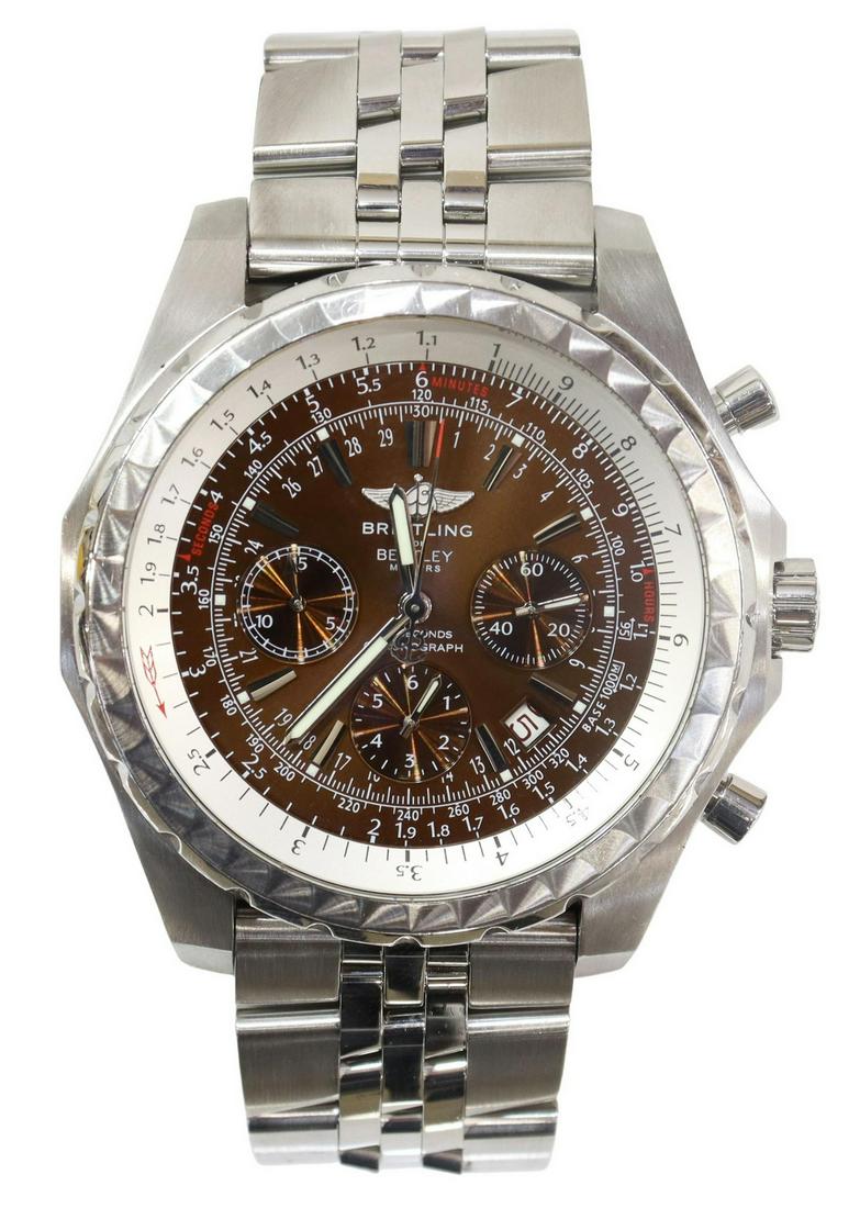 BREITLING BENTLEY MOTORS CHRONOGRAPH WATCH: Breitling Bentley Motors Chronometer, 49mm case stainless steel link band marked Breitling for Bentley, automatic movement, bronze face, two dial chronograph, comes with two extra links, original box 