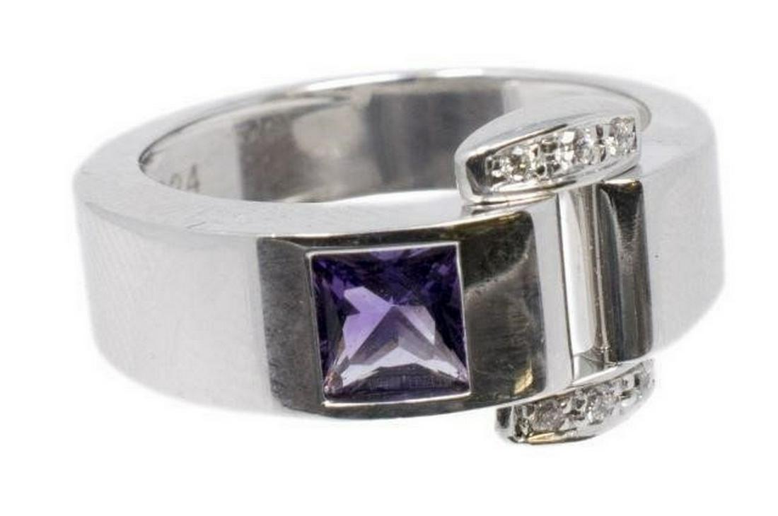 PIAGET MISS PROTOCOLE 18K WHITE GOLD AMETHYST RING: Piaget "Miss Protocole" 18kt white gold ring, set with a square-cut amethyst, six small diamonds, inside shank stamped 750, approx size 6.75, 10.2 grams (inclusive of all materials) Start Price: $300.